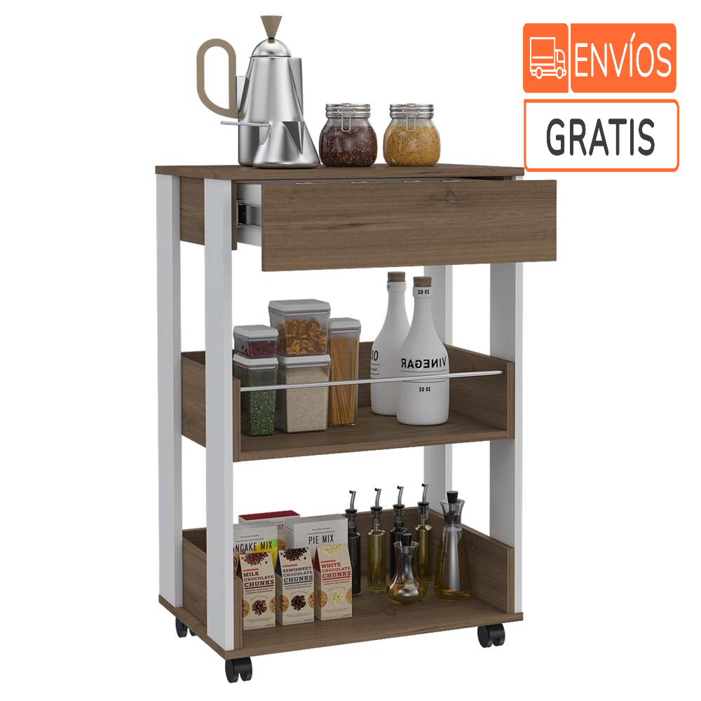 Mueble Auxiliar De Cocina Azana, Moca Y Blanco, Con Entrepaños Y Rodachines Para Su Fácil Desplazamiento